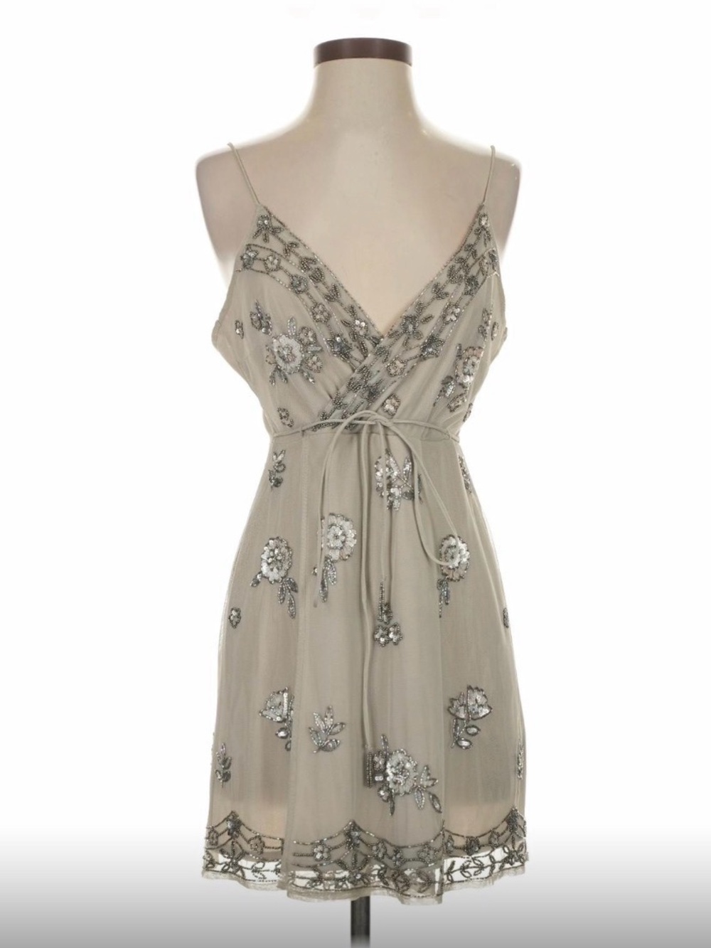 Embellished V-Neck Spaghetti Strap Dress in Taupe